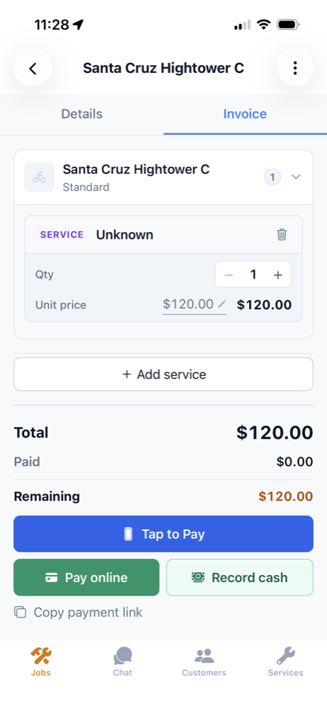 Bike Ops iPhone invoice view with services, total, and payment actions