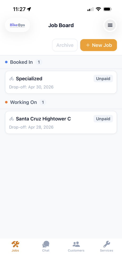 Bike Ops iPhone job board with booked in and working on jobs
