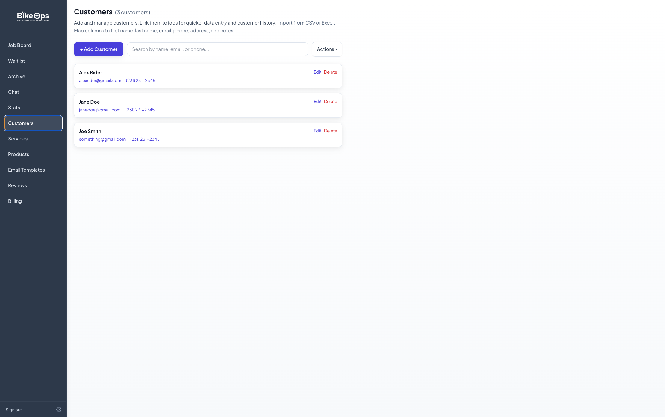 Bike Ops customer list with customer names, emails, phone numbers, and actions