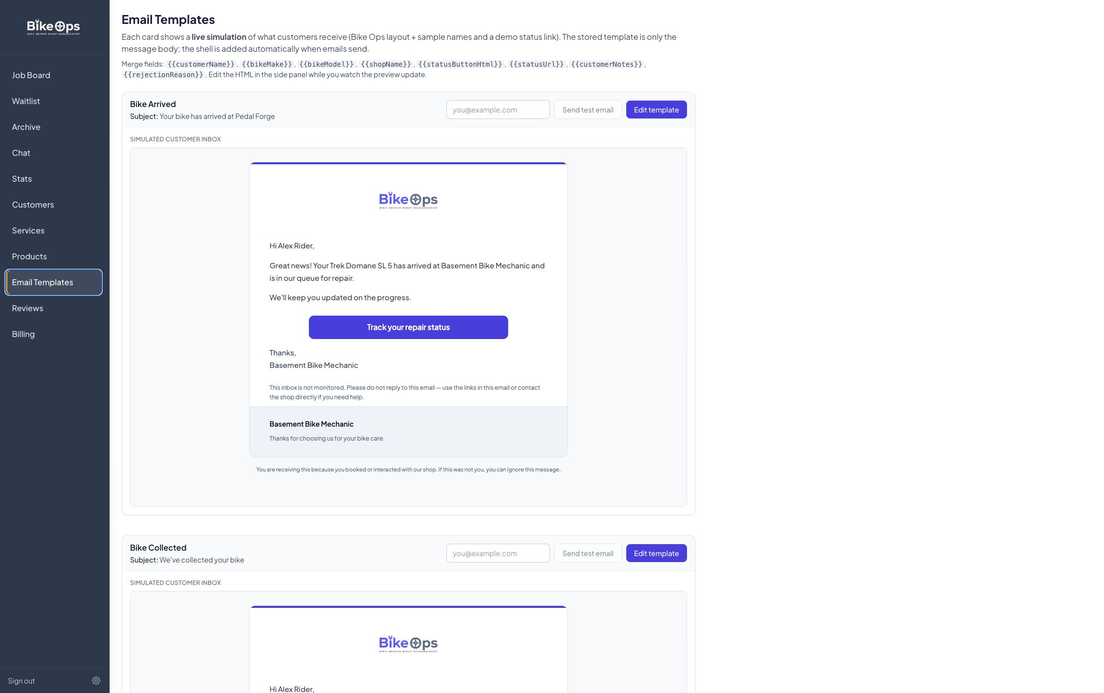 Bike Ops email template preview for automated customer repair status messages