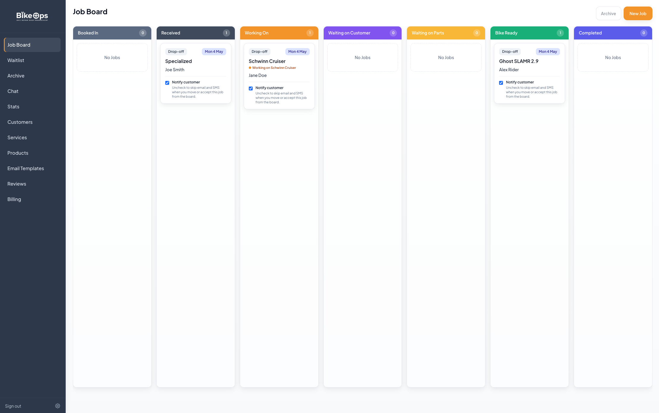 Bike Ops web job board with repair stages and active bicycle repair jobs