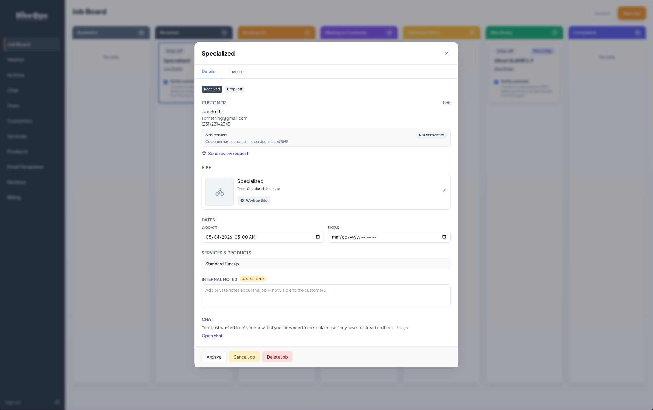 Bike Ops job detail modal with customer, bike, dates, services, notes, and chat