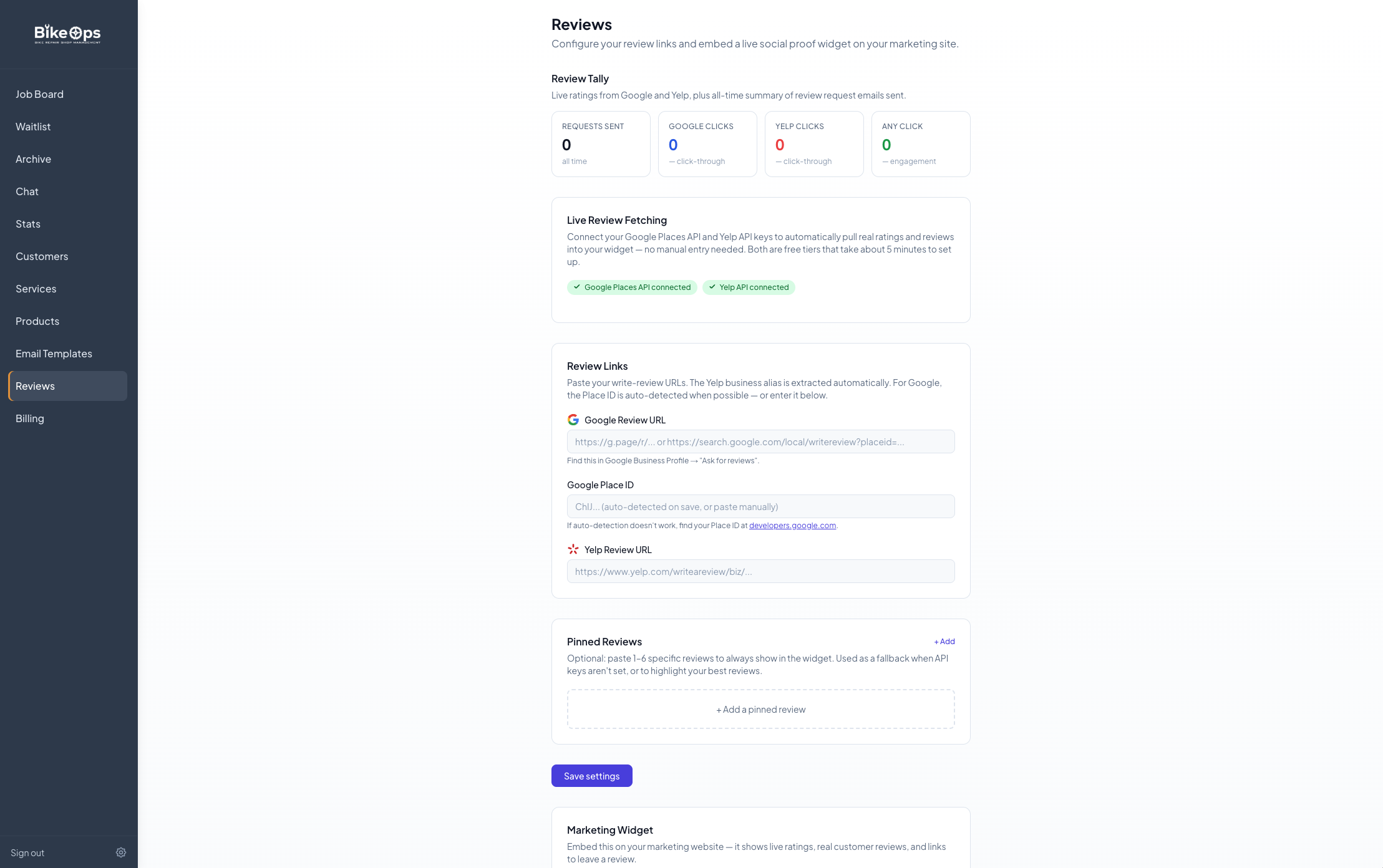 Bike Ops reviews settings with Google and Yelp review links and marketing widget controls