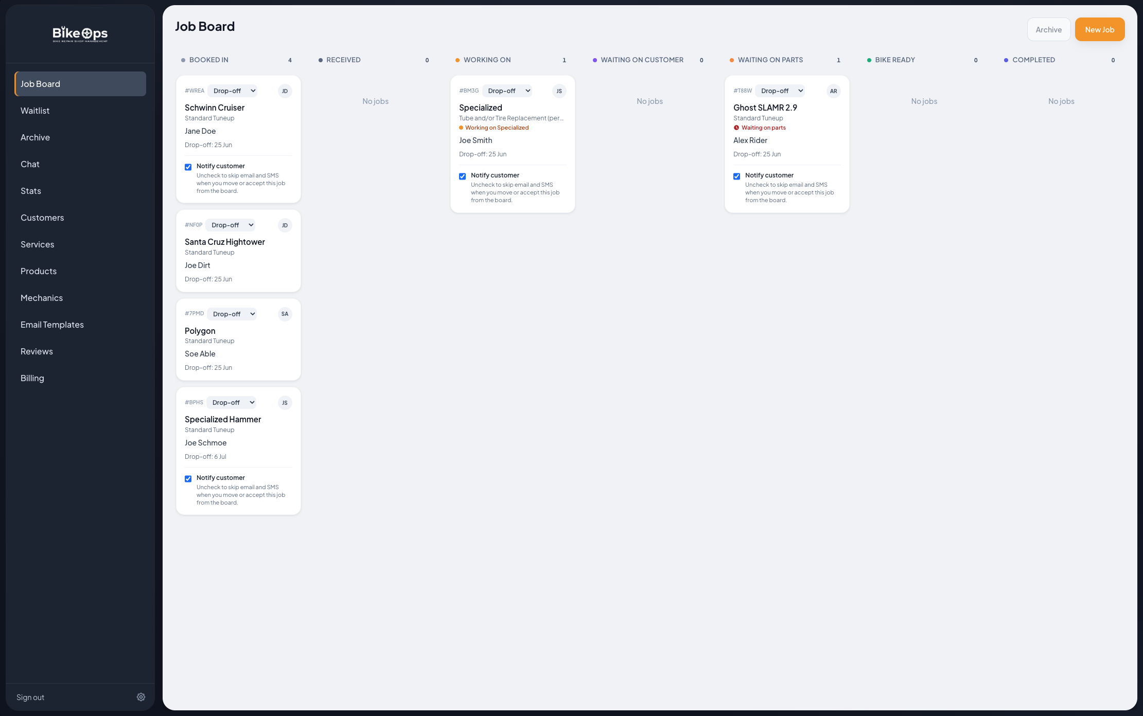 Bike Ops job board with repair jobs in columns for booked in, working on, and waiting on parts